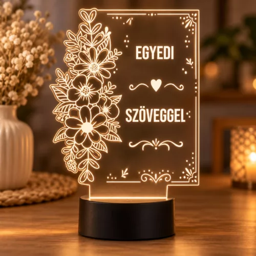 Egyedi szöveges 3D LED lámpa virágos mintával – személyre szabható, szívhez szóló ajándék