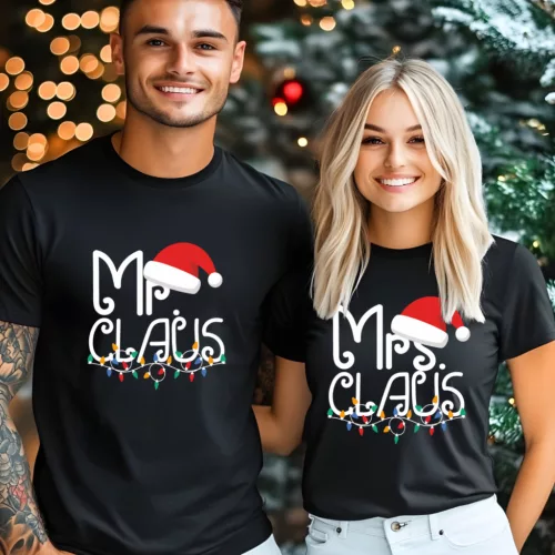 Karácsonyi páros póló – Mr. és Mrs. Claus ünnepi mintával