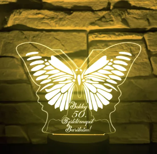 Elegáns pillangós 3D hatású LED lámpa – személyre szabható felirattal
