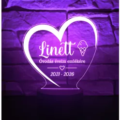   Óvodai ballagási szív, egyedi névvel és felirattal - 7 színű 3D LED lámpa