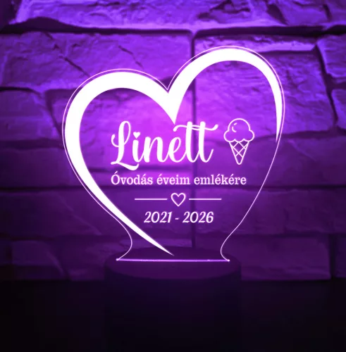 Óvodai ballagási szív, egyedi névvel és felirattal - 7 színű 3D LED lámpa