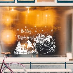   Karácsonyi ablakmatrica manókkal és ajándékokkal – Boldog Karácsonyt felirattal