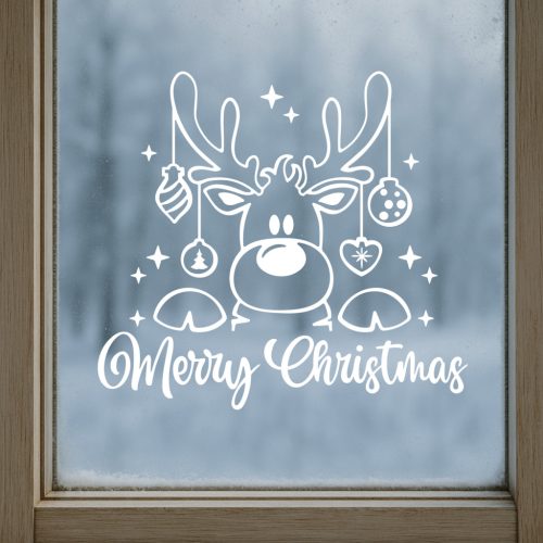 Varázslatos karácsonyi ablakmatrica rénszarvassal és díszekkel