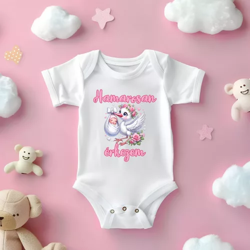 Hamarosan Érkezem Gólyás Baba Body Kislányoknak – "A Gólya Hozta"