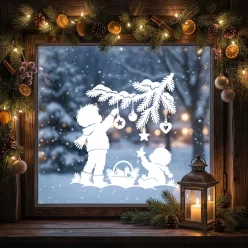   Karácsonyi adventi ablakmatrica – gyerekek díszítik a havas fenyőágat