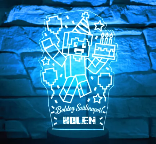 Boldog Szülinapot Minecraft 3D LED lámpa – névvel kérhető gamer ajándék