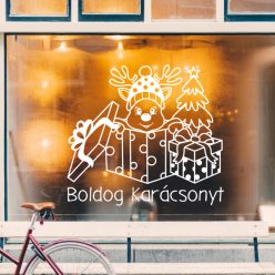   Karácsonyi ablakmatrica – Boldog Karácsonyt felirattal, rénszarvassal és ajándékdobozokkal