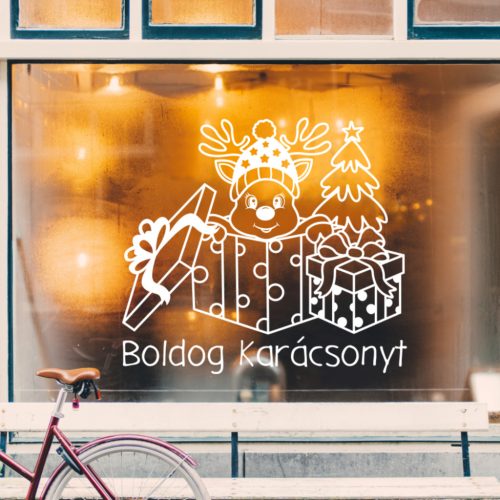 Karácsonyi ablakmatrica – Boldog Karácsonyt felirattal, rénszarvassal és ajándékdobozokkal