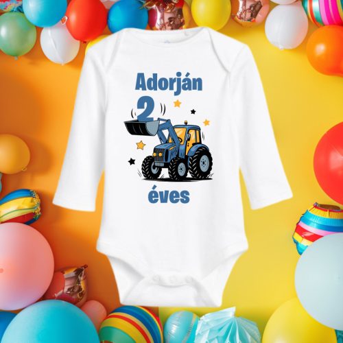 Traktoros szülinapi baba body – 100 % pamut, egyedi fotózási body