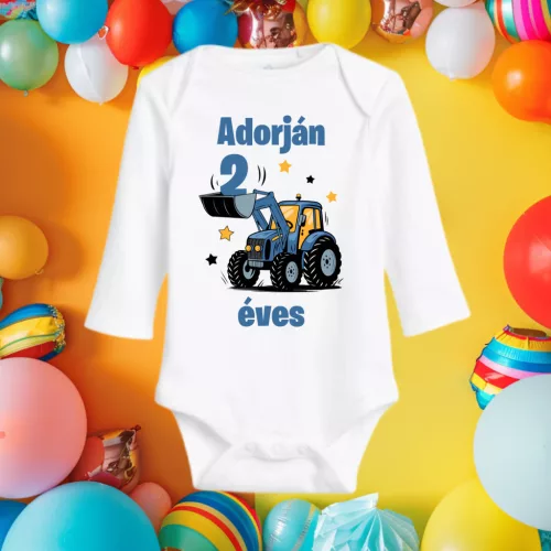 Traktoros szülinapi baba body – 100 % pamut, egyedi fotózási body
