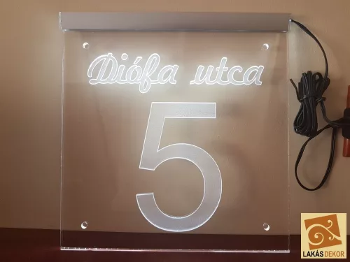 Utca név, házszám LED tábla  29x29 cm (Telibe gravírozva) 