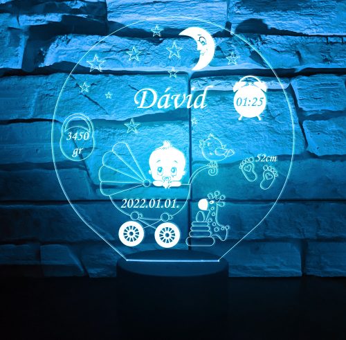 Személyre szabható Fiú Babás 7 színű 3D LED lámpa – Születési adatokkal