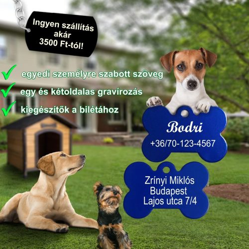 9. Csont alakú biléta, kutyabiléta, 1 oldal: név és telefonszám, 2 oldal: gazda neve és címe 