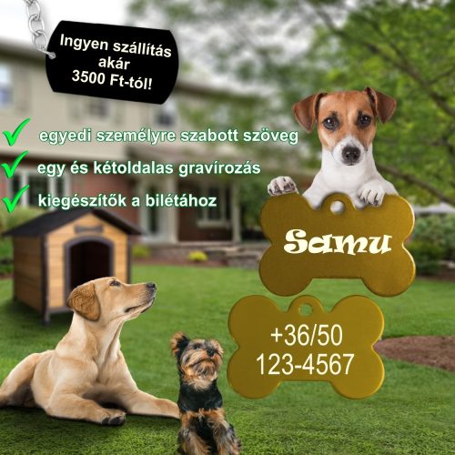 5. Csont alakú biléta, kutyabiléta, 1 oldal: név, 2 oldal: telefonszám két sorban