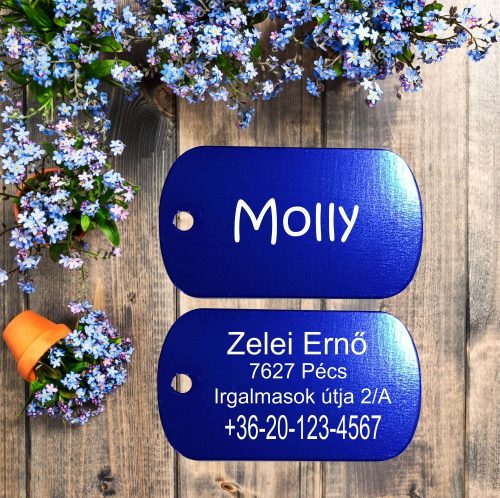 2. Kutyabiléta, dögcédula, 1 oldal: név, 2 oldal: gazda neve, címe, telefonszáma (65 karakter)