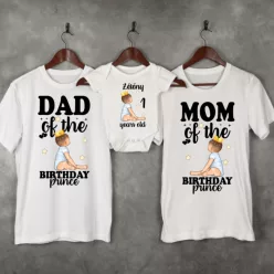   Személyre szabható családi póló szett baba bodyval – Birthday Prince kisfiú
