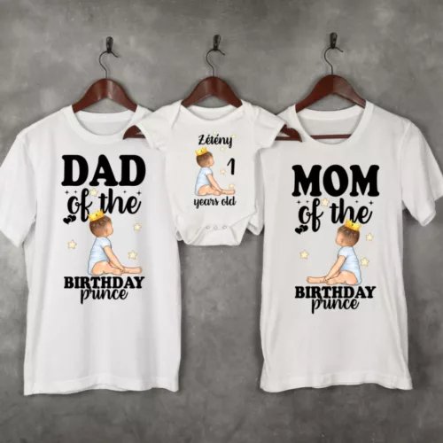 Személyre szabható családi póló szett baba bodyval – Birthday Prince kisfiú