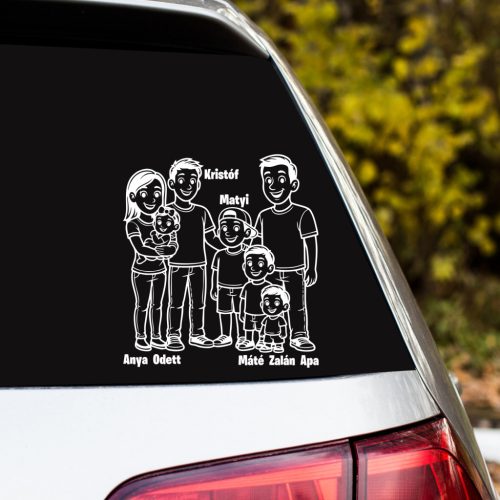 Egyedi családi autómatrica – Anya, Apa és 5 gyermek | névre szóló család autómatrica