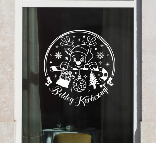 Karácsonyi ablakmatrica – Boldog Karácsonyt felirattal, rénszarvassal és ünnepi motívumokkal