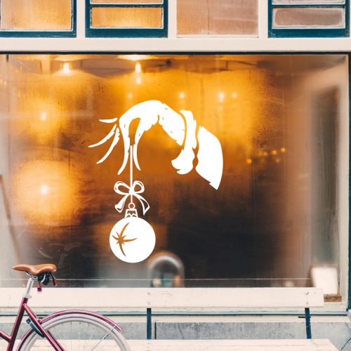 Karácsonyi ablakmatrica – Grincs kéz karácsonyi gömbbel