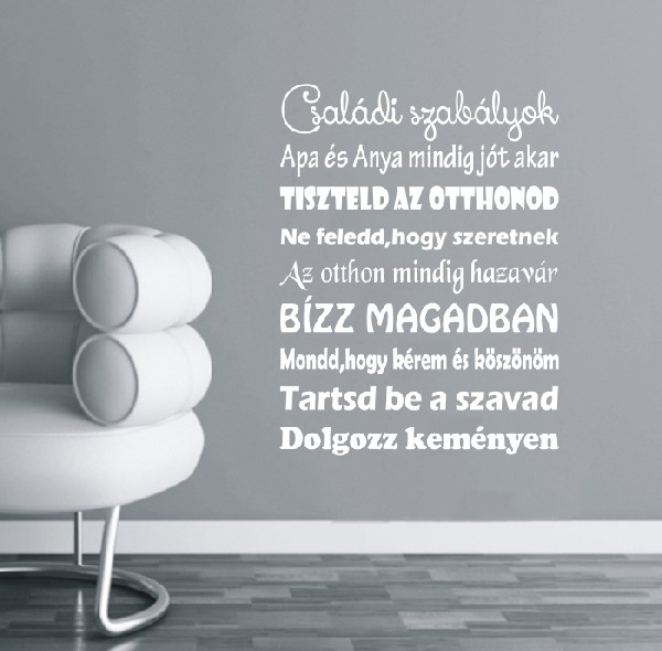 Családi szabályok, idézet falmatrica, faltetoválás, egyedi falmatricák